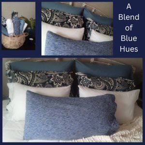 Mx of pillowcases in shades of blues and white in various textures & patterns